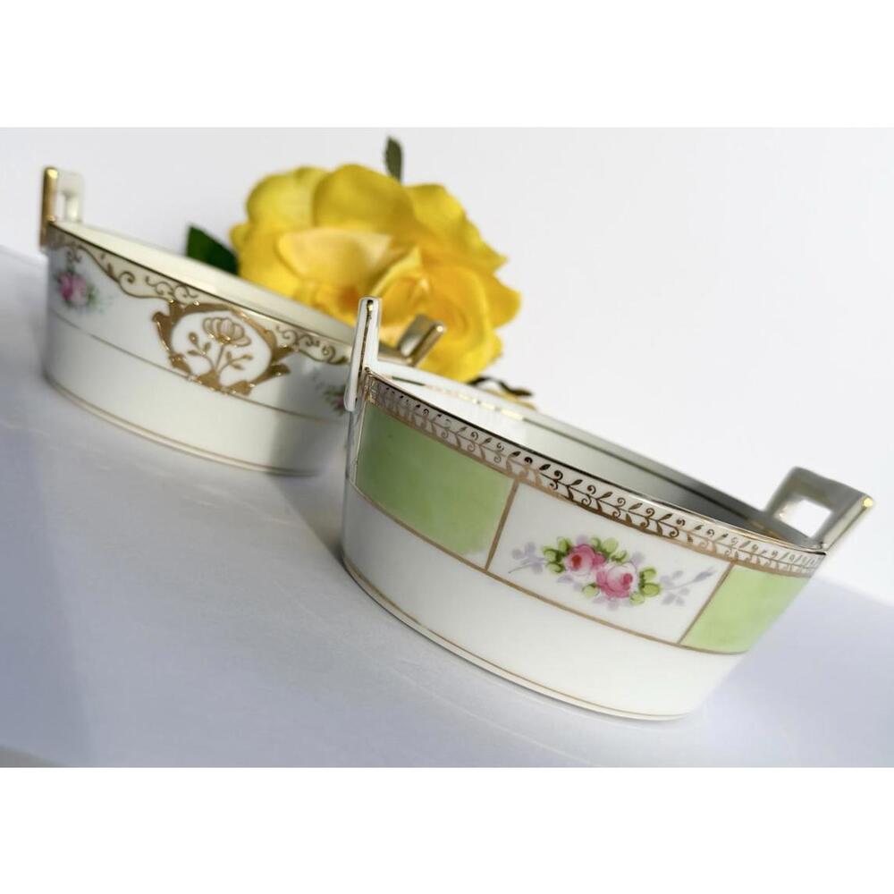 1921 Antique Hand Painted Nippon Berry Bowls Gold Green Japan Fine Porcelain